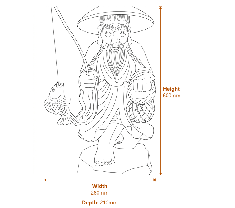 Standing Fisherman Garden Statue in Grey Dimensions Diagram
