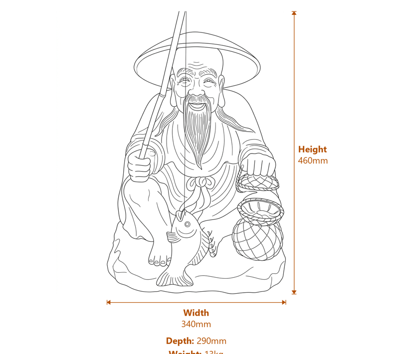 Sitting Fisherman Garden Statue in Grey Dimensions Diagram