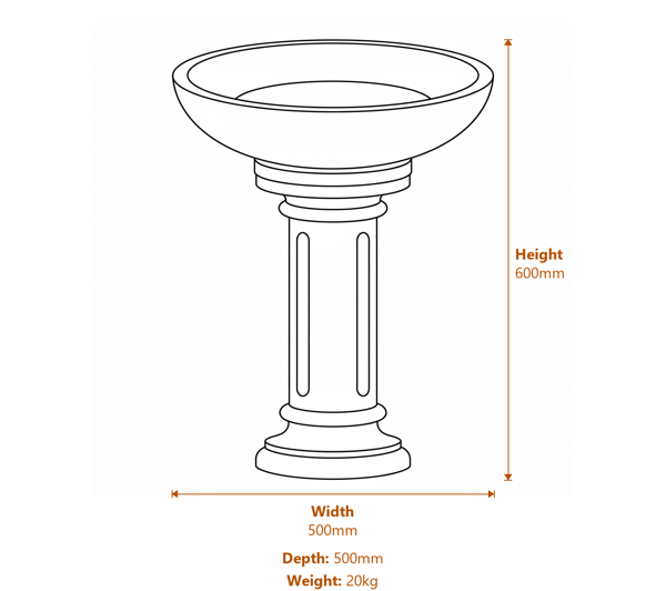 Round Stone Birdbath in White Dimensions Diagram