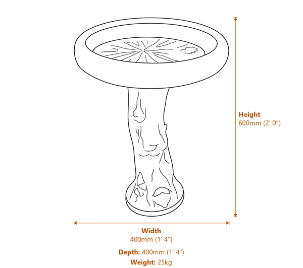 Fox Birdbath in Stone Dimensions Diagram