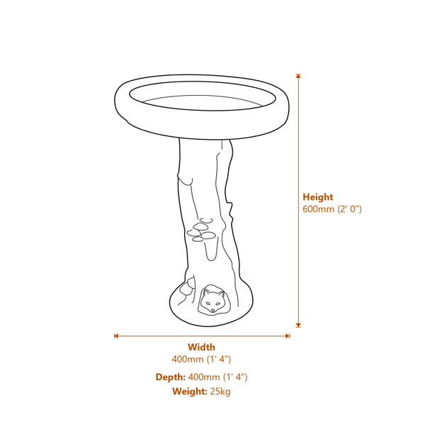 Fox Birdbath in Sandstone Dimensions Diagram