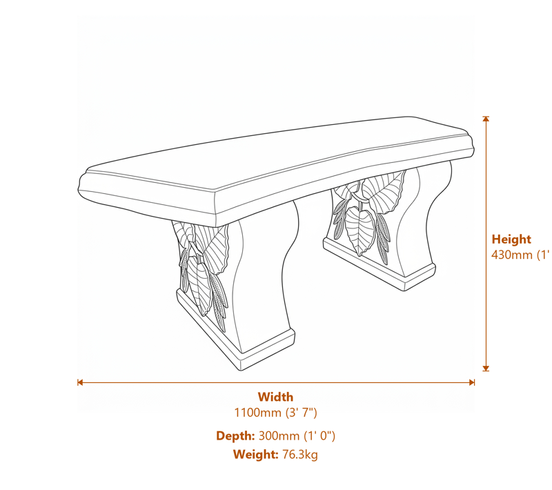 Curved Leaf Stone Garden Bench in Sandstone Dimensions Diagram