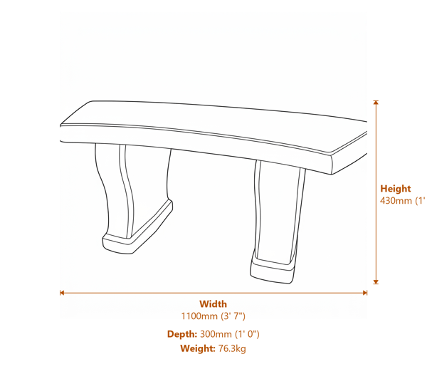 Curved Leaf Stone Garden Bench in Stone Dimensions Diagram