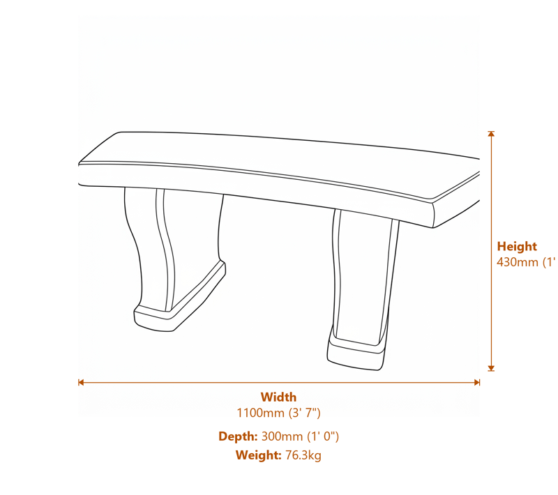 Curved Leaf Stone Garden Bench in Stone Dimensions Diagram
