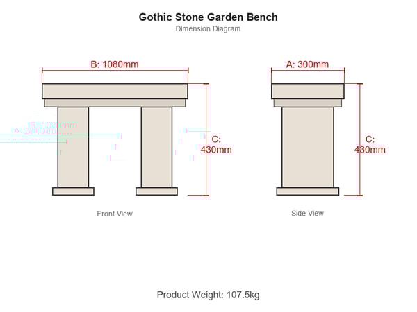 Gothic Stone Garden Bench in Stone Dimensions Diagram