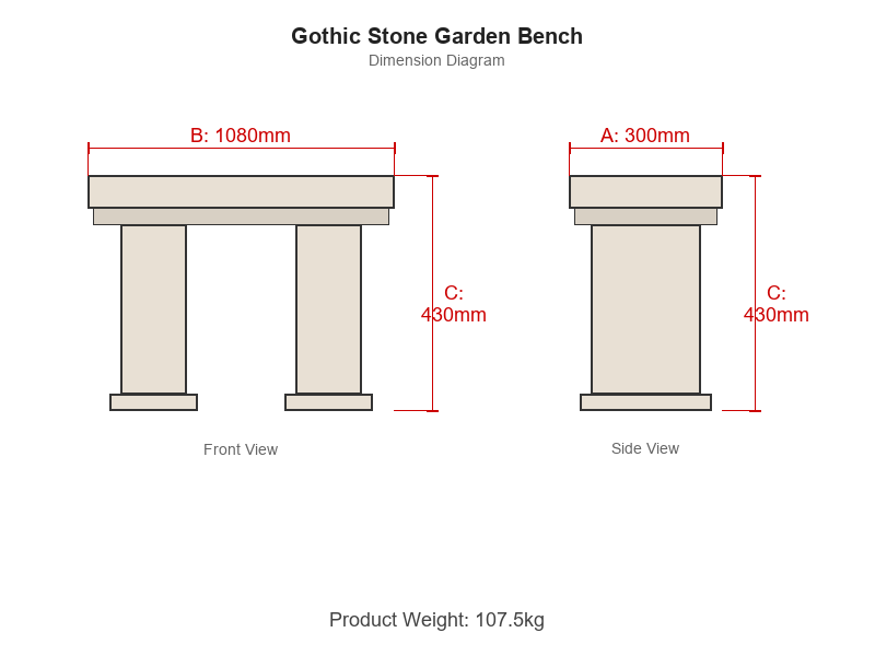 Gothic Stone Garden Bench in Stone Dimensions Diagram