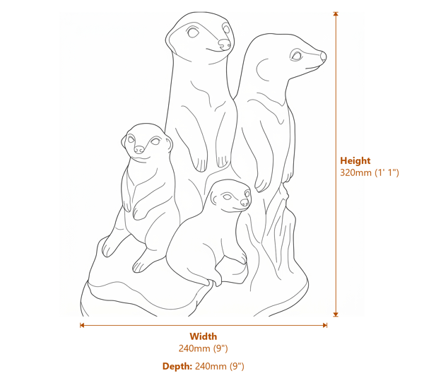 Meerkat Family Stone Garden Ornament in Stone Dimensions Diagram