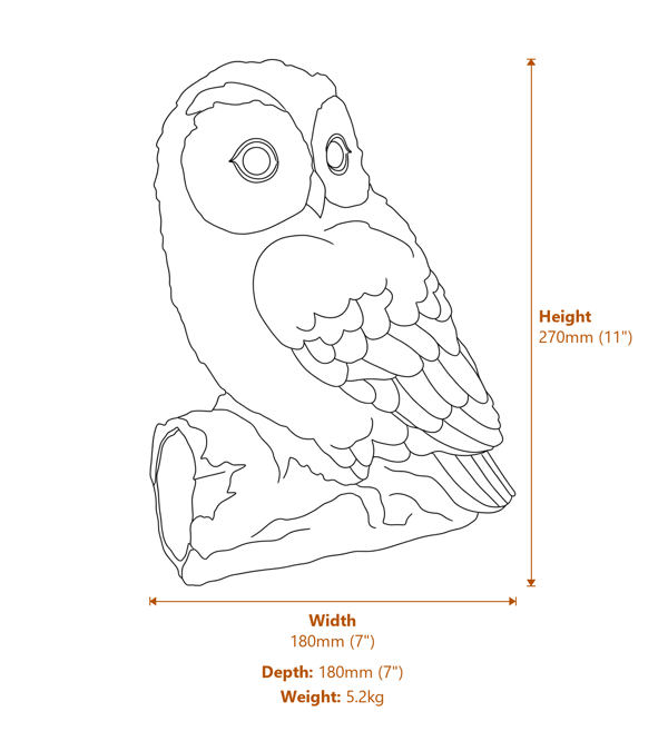 Tawny Owl Garden Ornament in Stone Dimensions Diagram