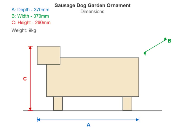 Sausage Dog Garden Ornament in Sandstone Dimensions Diagram