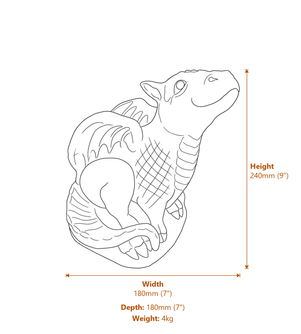 Smiling Hatchling Dragon Stone Garden Ornament in Stone Dimensions Diagram