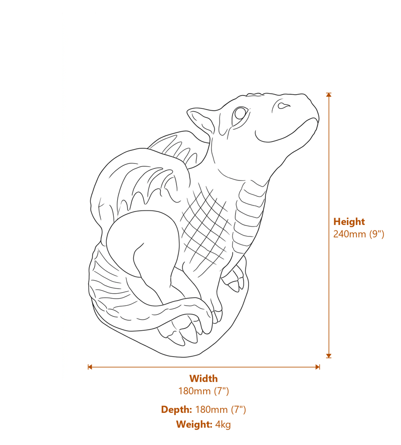 Smiling Hatchling Dragon Stone Garden Ornament in Stone Dimensions Diagram