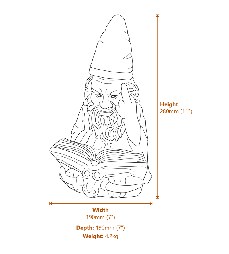 Reading Wizard Stone Garden Ornament in Stone Dimensions Diagram