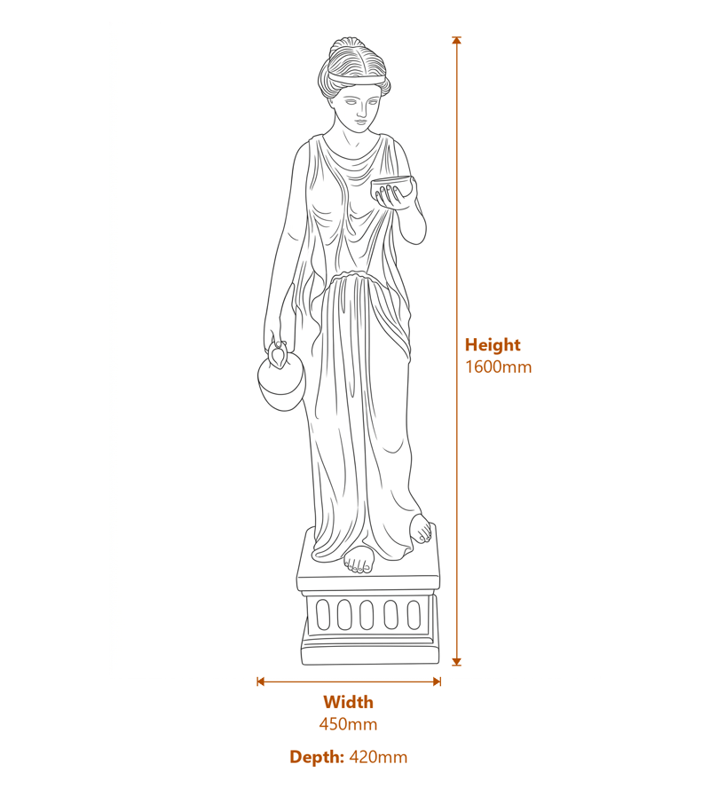 Large Hebe Goddess Garden Statue in Bronze Dimensions Diagram