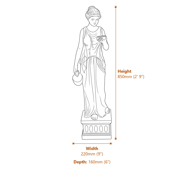 Small Hebe Goddess Garden Statue in Bronze Dimensions Diagram