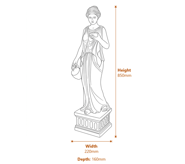 Small Hebe Goddess Garden Statue in Verdigris Dimensions Diagram