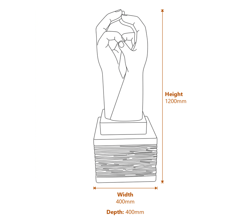 Two Hands Garden Statue in Granite Dimensions Diagram