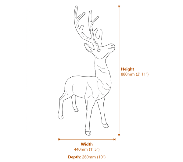 Small Standing Stag Garden Ornament in Bronze Dimensions Diagram