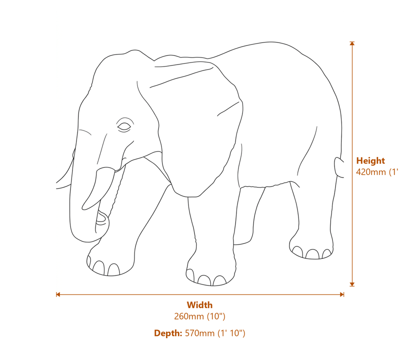 Standing Elephant Garden Ornament in Granite Dimensions Diagram
