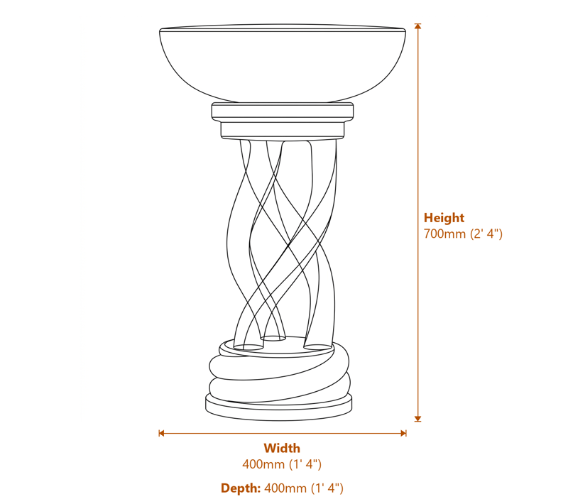 Spiral Bird Bath in White Dimensions Diagram