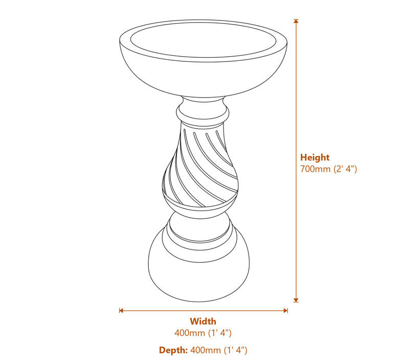 Georgian Bird Bath in Granite Dimensions Diagram