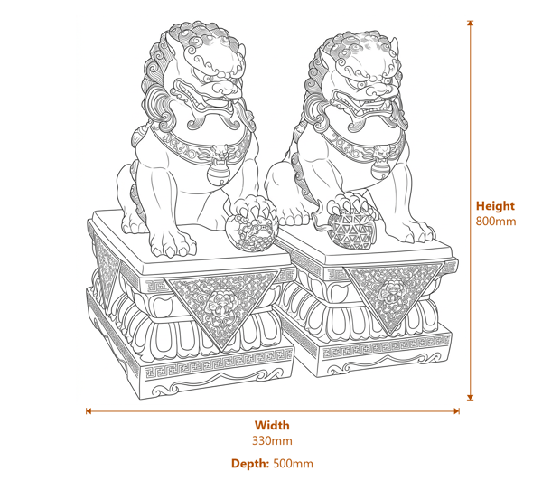 Large Temple Dog Garden Ornaments in Bronze Dimensions Diagram