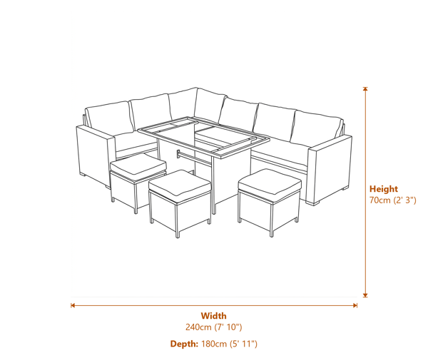 Jardi Rattan Corner Sofa Set - Black - 9 Seater Dimensions Diagram