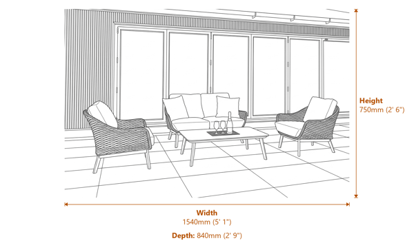 Norfolk Collection Camberley Thick Rope Weave 2 Seater Sofa Set with Sintered Stone Table Dimensions Diagram
