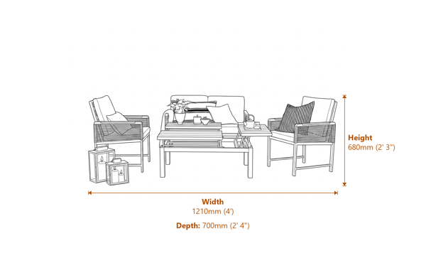 Norfolk Collection Bellmount 2 Seater Rope Aluminium Sofa Set with 3 Way Lift Table Dimensions Diagram