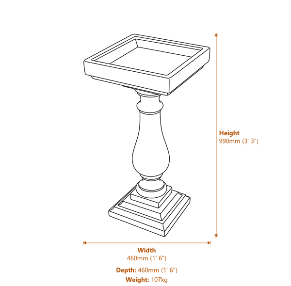 Large Baluster Stone Birdbath Dimensions Diagram