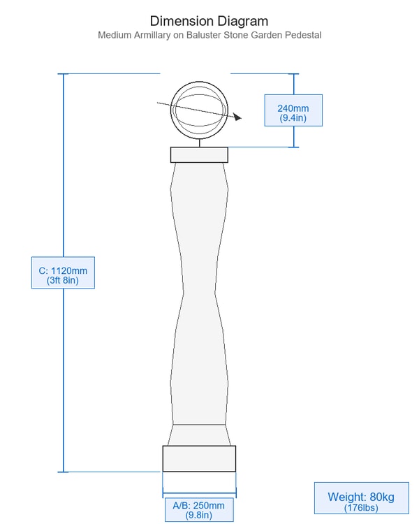 Medium Armillary on Baluster Stone Garden Pedestal Dimensions Diagram