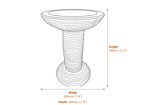 Cascade Pink Granite Bird Bath Dimensions Diagram