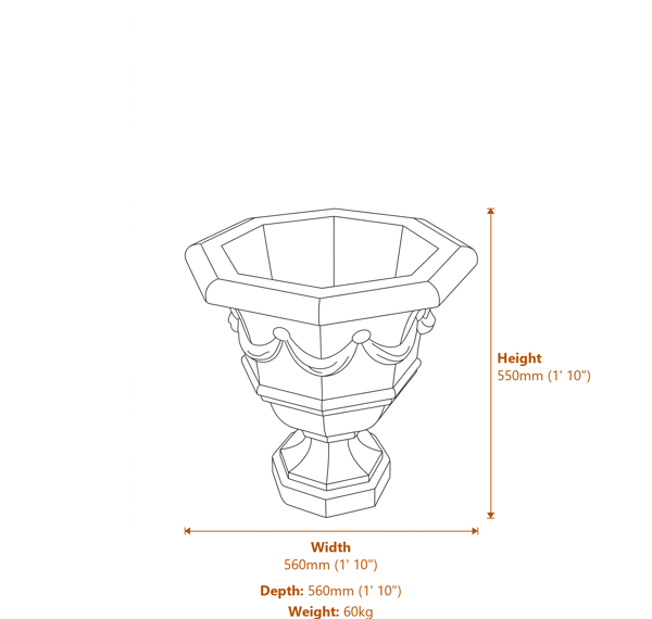 Octagonal Draped Stone Vase Dimensions Diagram