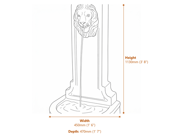 Proud Lion Upright Stone Fountain Dimensions Diagram