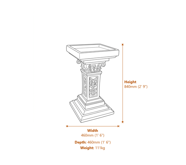 Rococo Stone Birdbath Dimensions Diagram