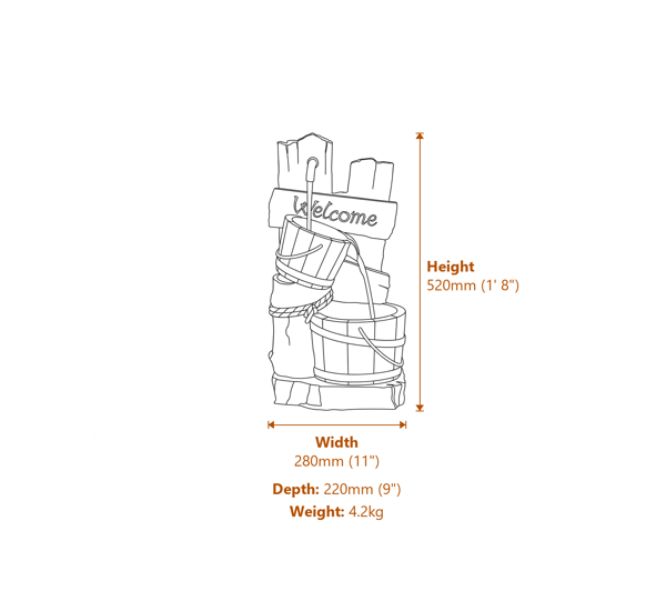 Rustic Post Pours Water Feature with LED Dimensions Diagram