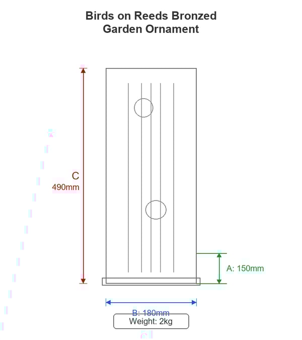 Birds on Reeds Bronzed Garden Ornament Dimensions Diagram