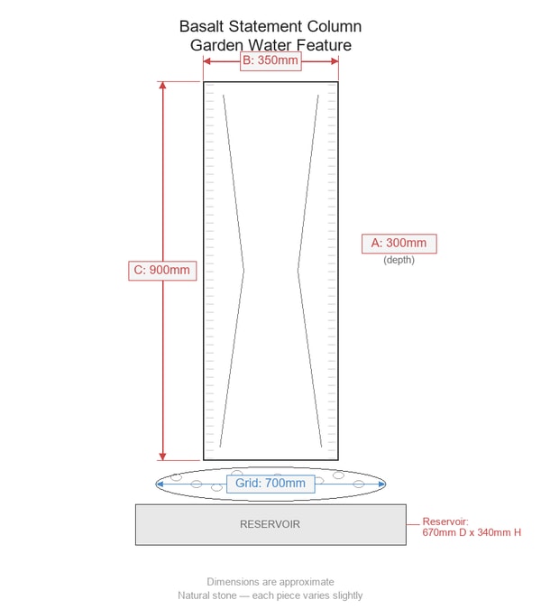 Basalt Statement Column Garden Water Feature Dimensions Diagram