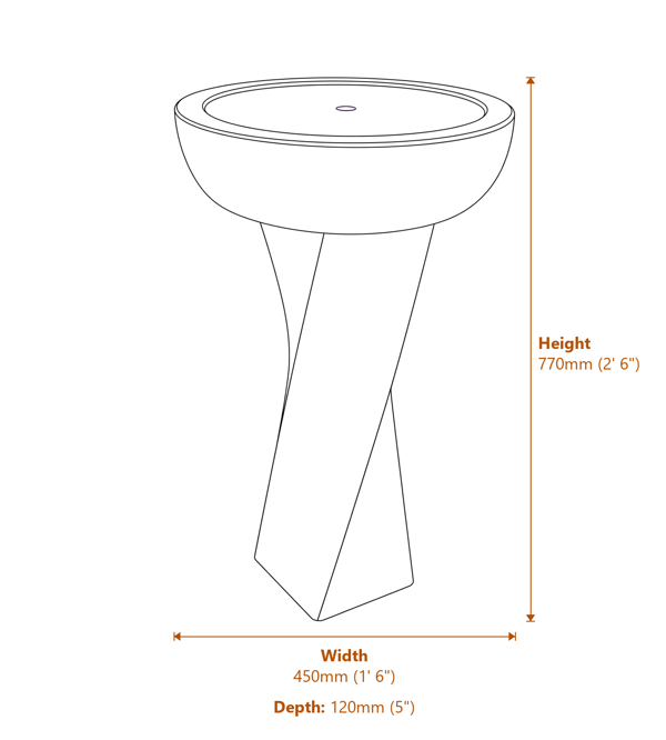 Twisted Bowl Sandstone Water Feature Dimensions Diagram