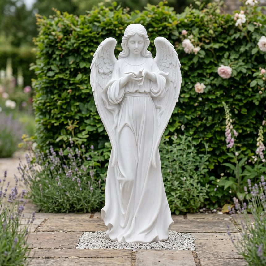 Angel of Peace garden statue in white alabaster-effect finish standing in a quiet planted corner of a UK garden