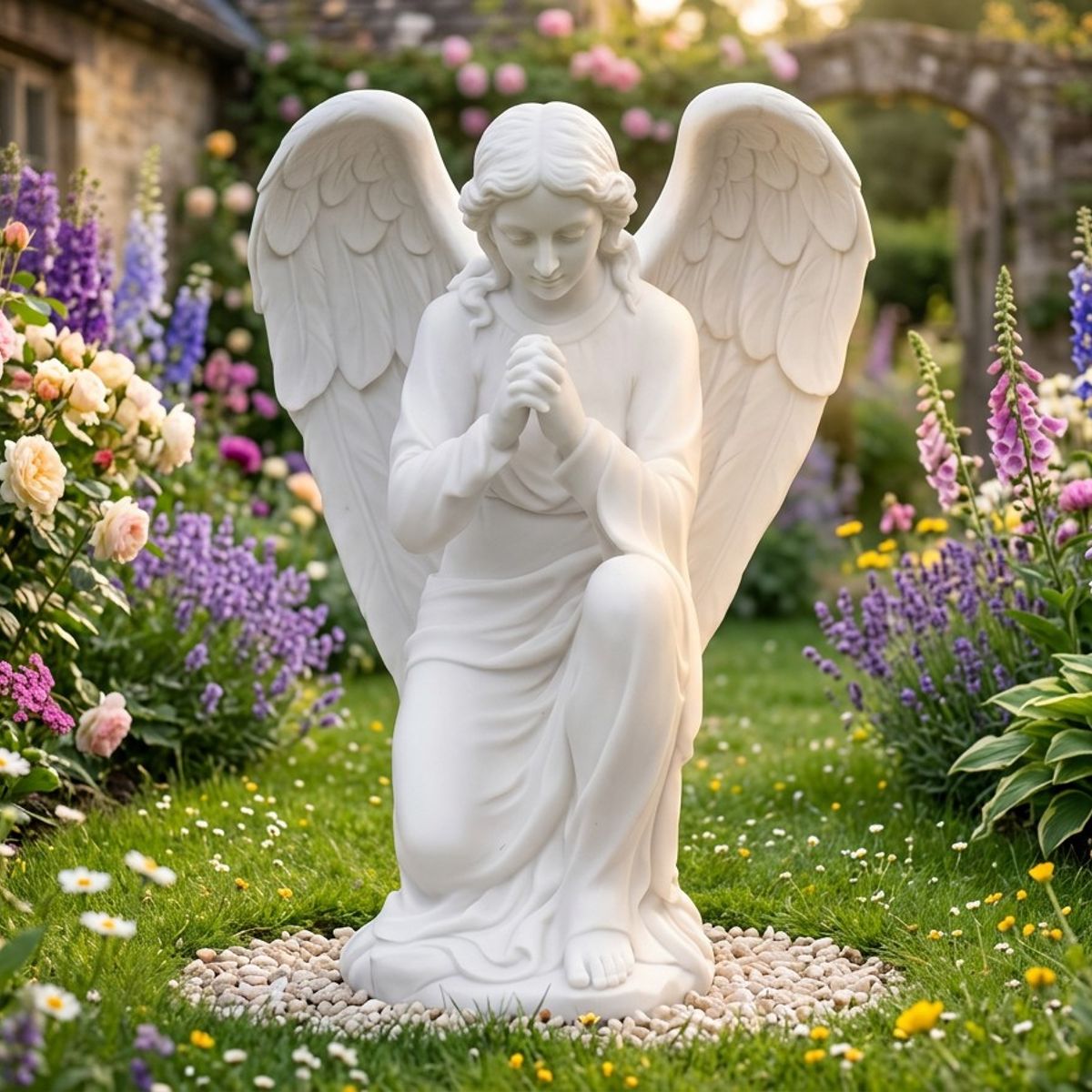 Praying Angel Garden Statue in White