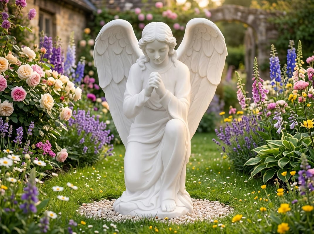 Praying angel garden statue in white stone, hands clasped, in a cottage garden setting