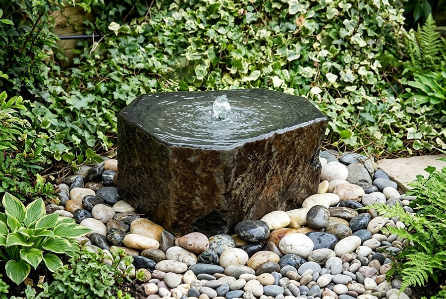 Babbling basalt column water feature in a UK garden border with foxgloves and ornamental grasses