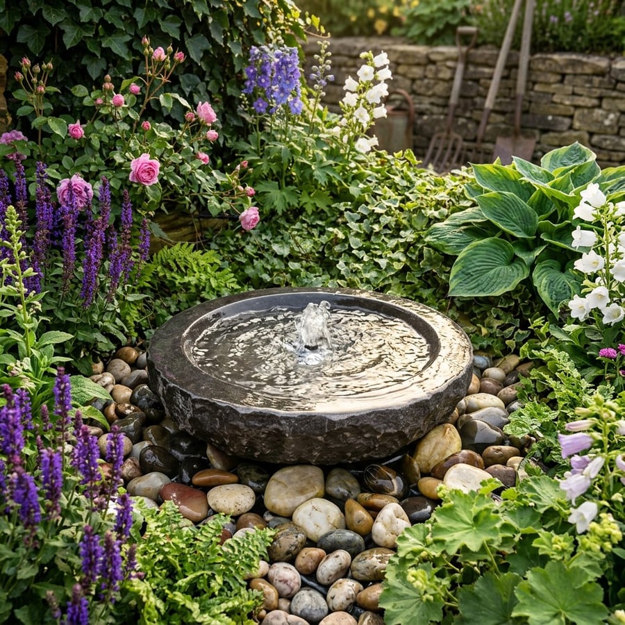 Babbling bowl black limestone water feature with pebble landing stones placed for bee access