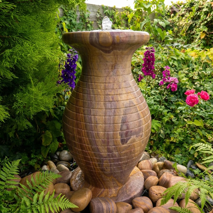 Babbling Vase Rainbow Sandstone Water Feature in a UK garden buyer's guide hero