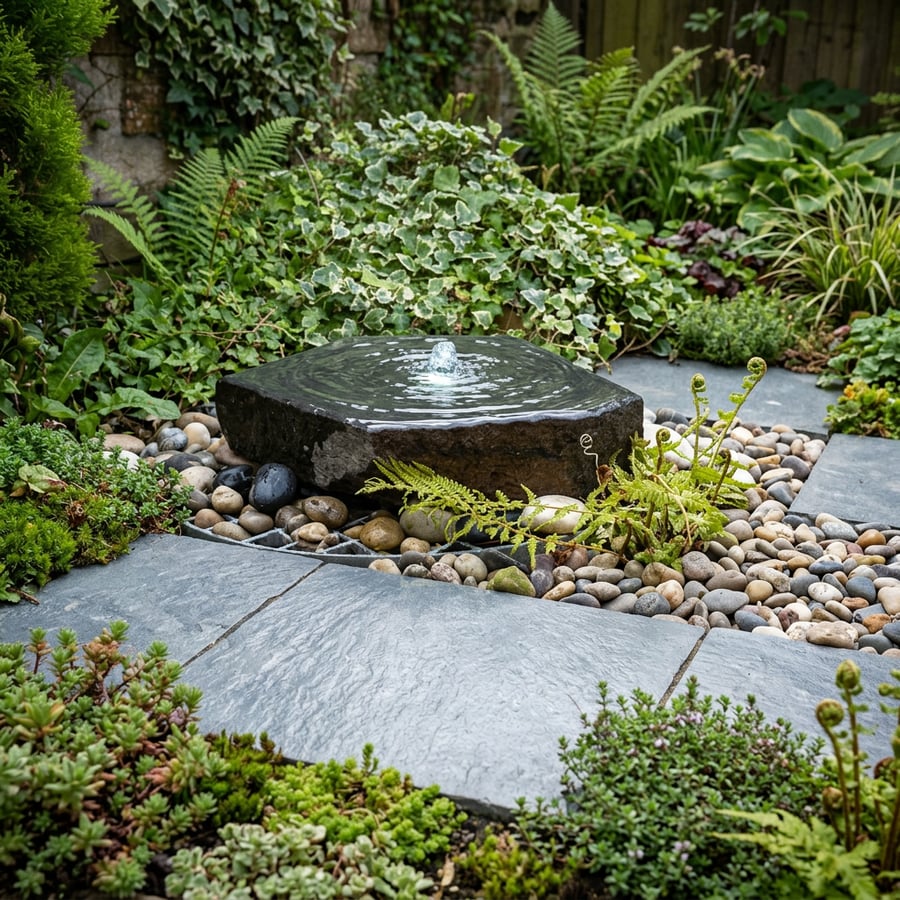 Basalt slab water feature in a Japanese-style UK garden with a thin water film flowing across the volcanic surface