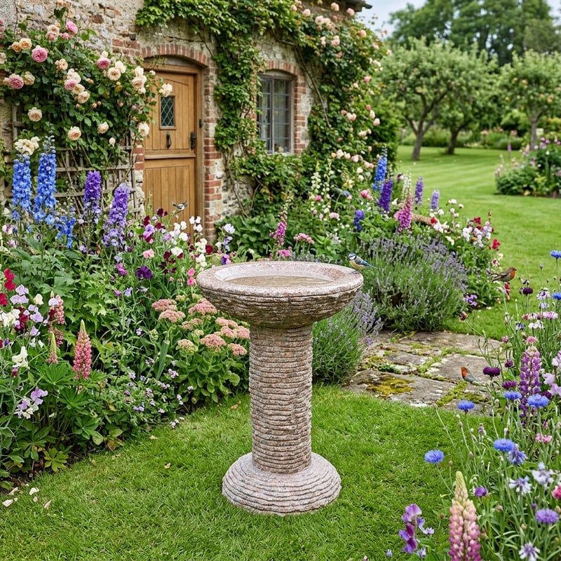 Cascade pink granite stone bird bath in a UK garden setting buying guide