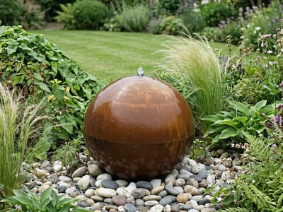 Corten Steel Sphere Water Feature 40cm modern garden water feature