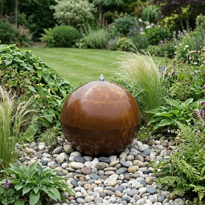 Corten Steel Sphere 40cm, best entry-point modern water feature