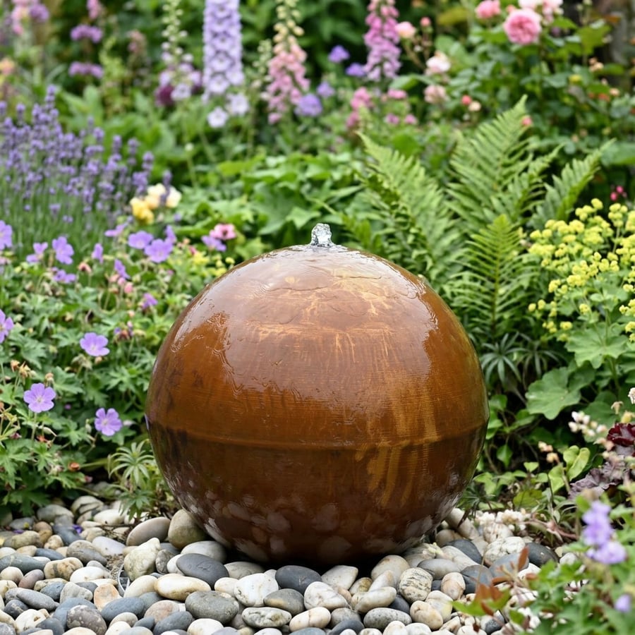 Corten steel sphere water feature 60cm with weathered rust patina in a contemporary UK garden