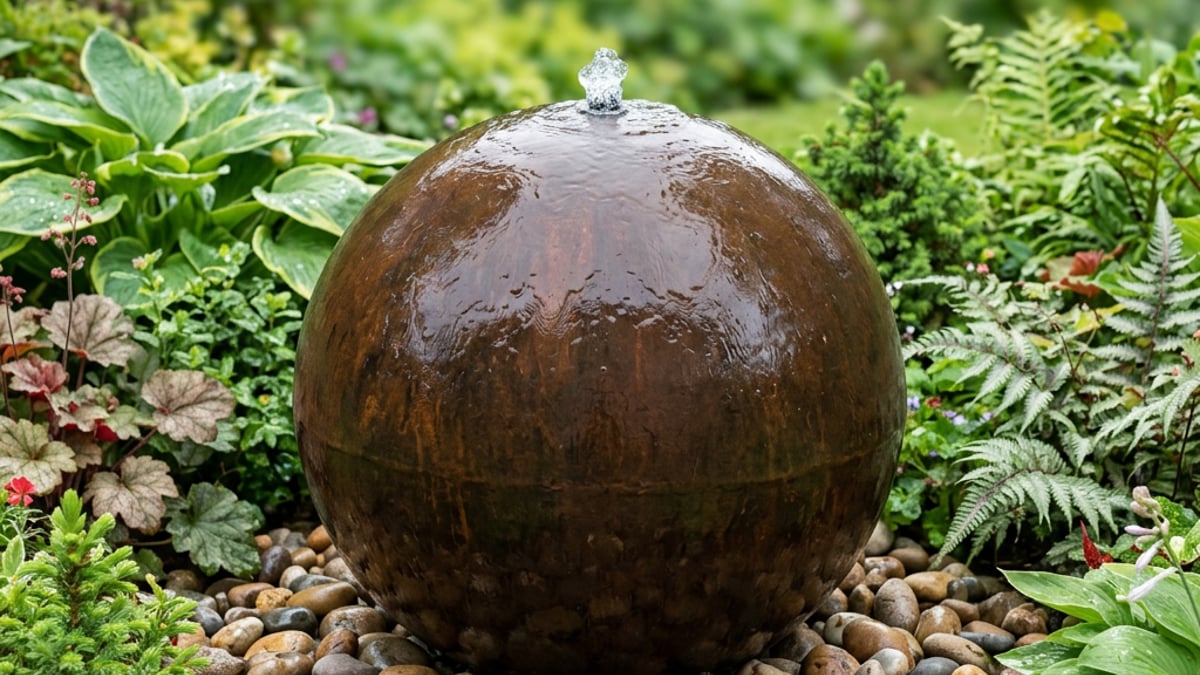 Corten Steel Sphere 80cm modern water feature in a contemporary UK garden setting